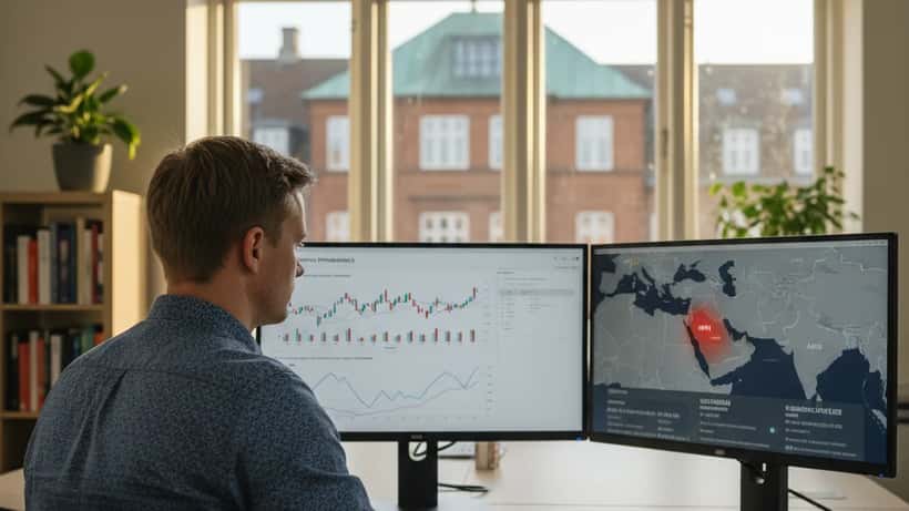 Dansk finansiel rådgiver gennemgår porteføljerisici og geopolitiske kort på dobbelt skærm i København