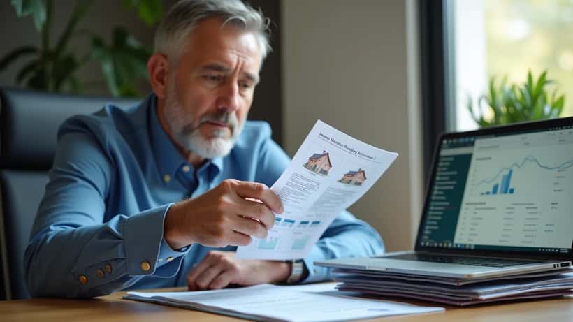 Financial adviser reviewing property investment documents and CGT calculations in a Melbourne office