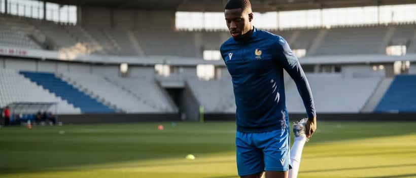 Footballeur français en tenue d'entraînement effectuant un étirement quadriceps sur un terrain professionnel à Lyon