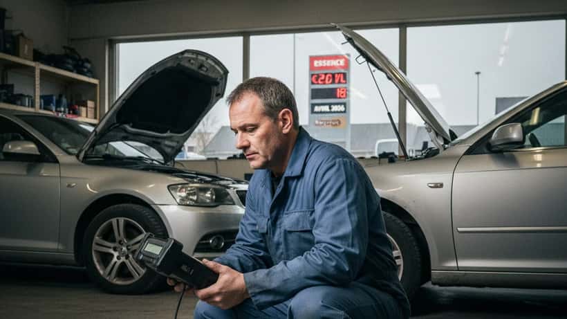 Mécanicien diagnostiquant une voiture avec un scanner OBD-II dans un garage français, prix carburant visible en arrière-plan
