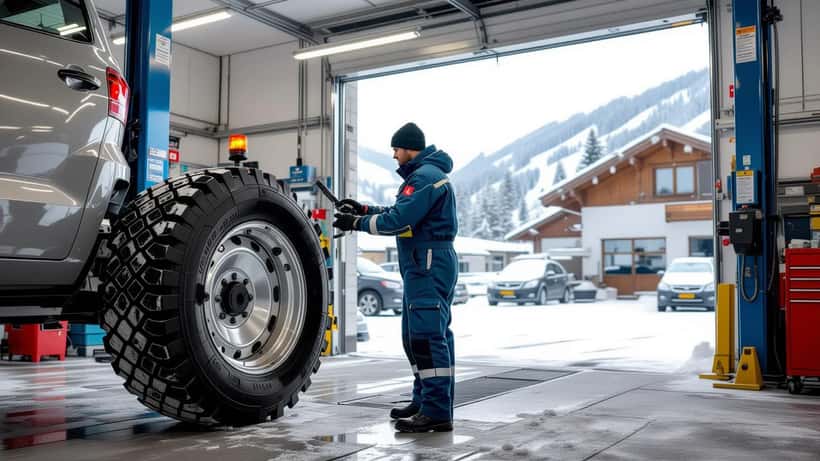 Kfz-Mechaniker prüft Alpine-Symbol auf Winterreifen in einer deutschen Autowerkstatt
