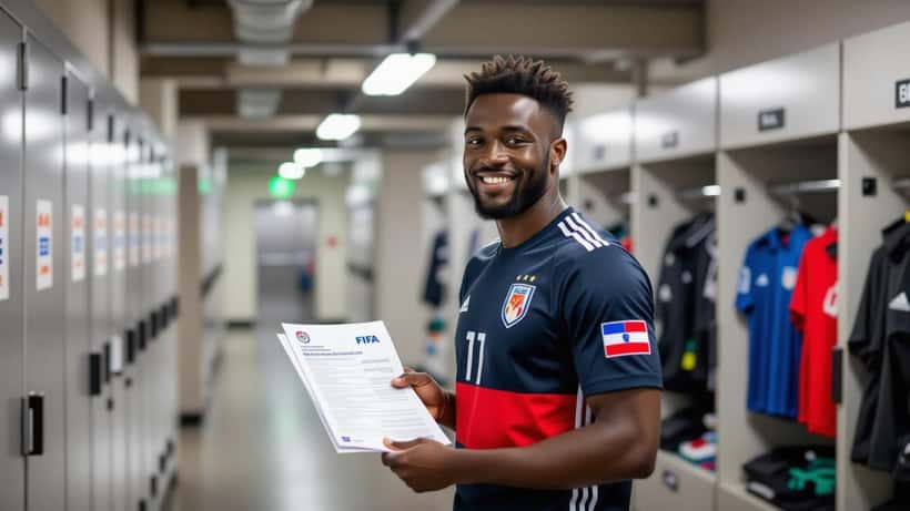 Haïtiaanse voetballer in stadiongang met FIFA-document en vlagpatches op zijn sporttrui, Boston 2026