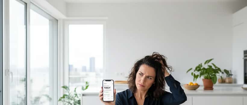 Femme française regardant son smartphone avec l'application Uber affichant un prix élevé, assise à une table de cuisine