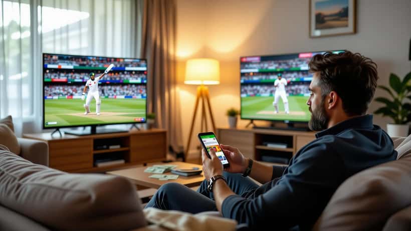 Australian man checking cricket betting app on smartphone with PAK vs SL match on television
