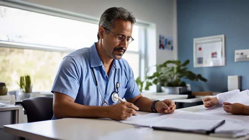 Un hombre hispano revisa resultados médicos con su doctor en una clínica estadounidense