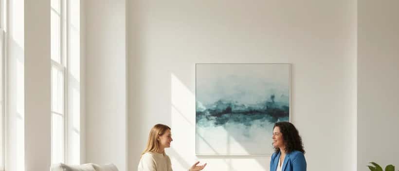 Woman speaking with a therapist in a calm modern therapy office