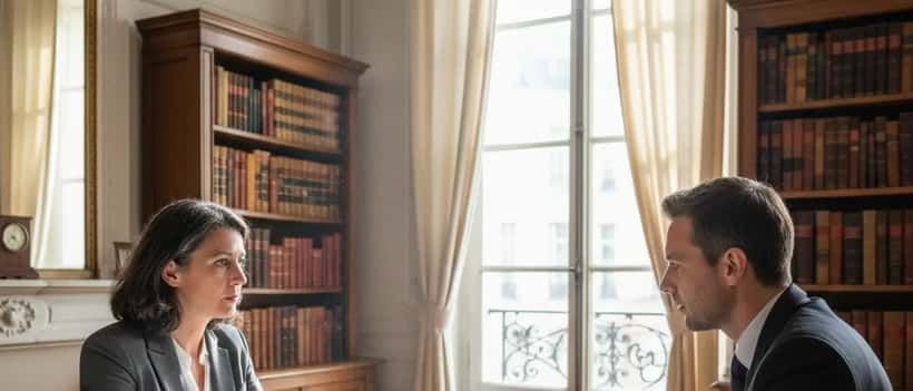 Femme française en consultation avec un avocat spécialisé en droit de la famille à Lyon, documents fin de vie sur le bureau
