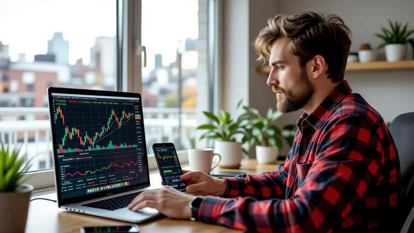 Canadian investor watching cryptocurrency price spike on laptop screen at home desk