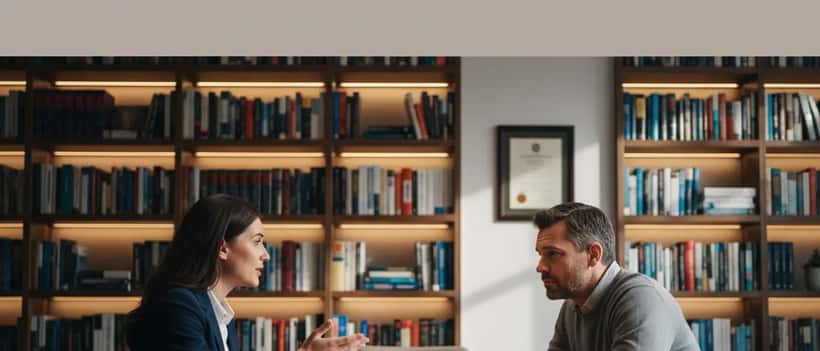 American family lawyer in professional suit consulting with parent at modern law office
