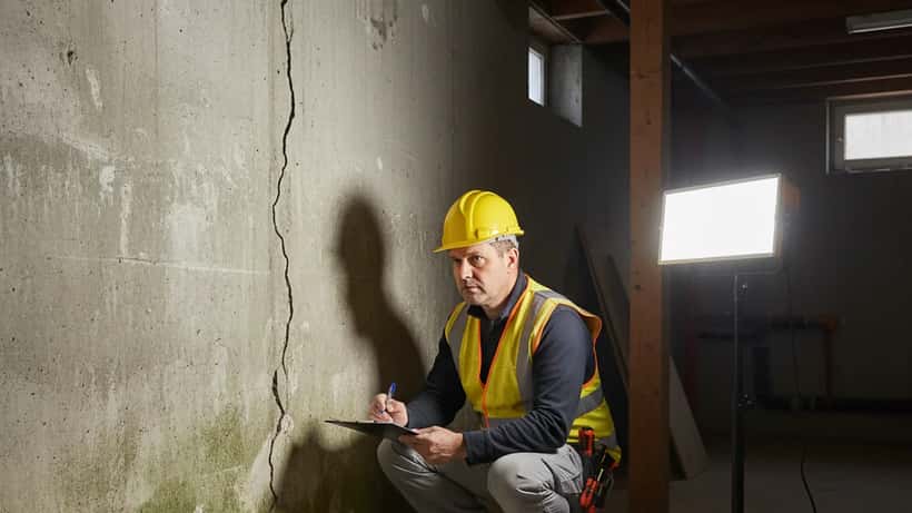 Österreichischer Bausachverständiger prüft Fundamentrisse im Keller eines Grazer Hauses