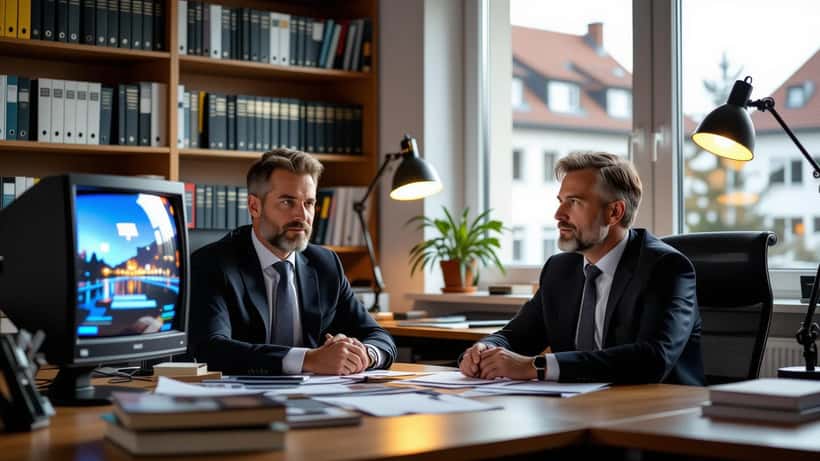 Medienrechtsanwalt in Mainzer Büro mit §51a UrhG Dokumenten und Retro-Fernseher im Hintergrund