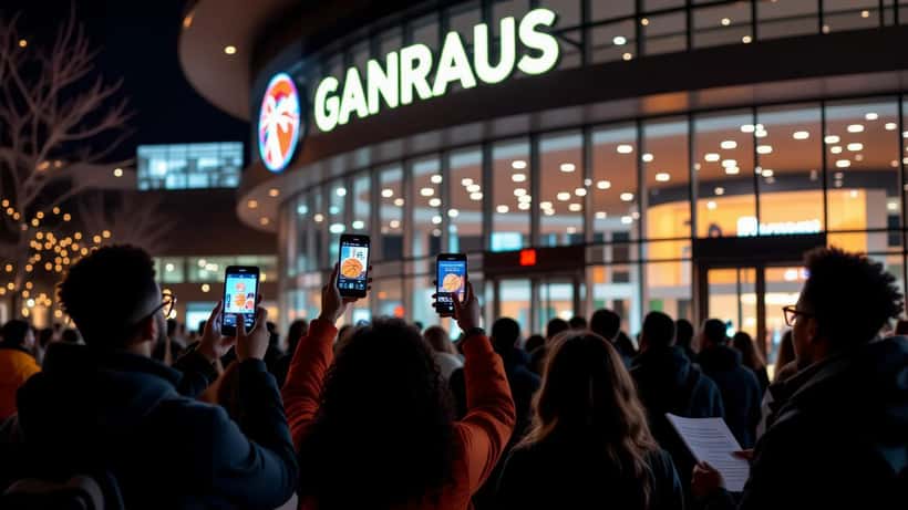Basketball fans holding smartphones with mobile tickets at a WNBA arena entrance gate at night