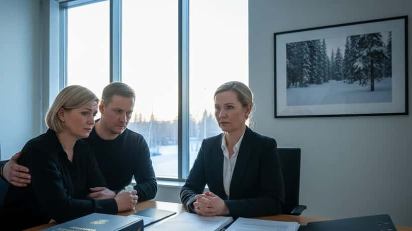 Suomalainen lakimies ja perhe neuvottelemassa korvauksista toimistossa Kouvolassa