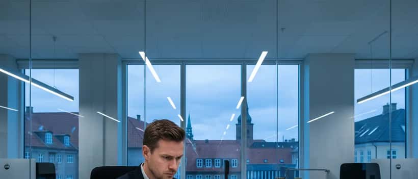 Dansk IT-sikkerhedskonsulent i København gennemgår databrud-notifikationer på laptop
