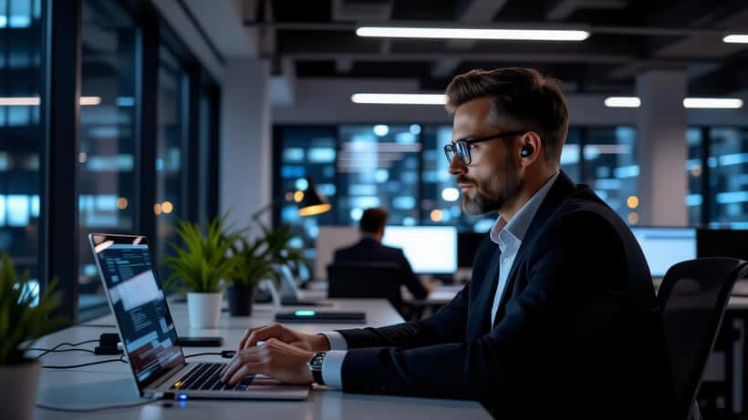 Man in Toronto office at night copying files to USB drive representing workplace betrayal and legal rights Canada