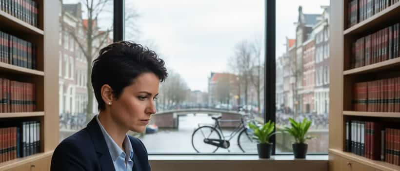 Nederlandse vrouw overlegt met advocaat over deepfake-rechtszaak op laptop in Amsterdams kantoor