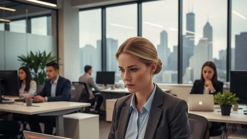 Woman looking concerned at laptop showing security breach alert
