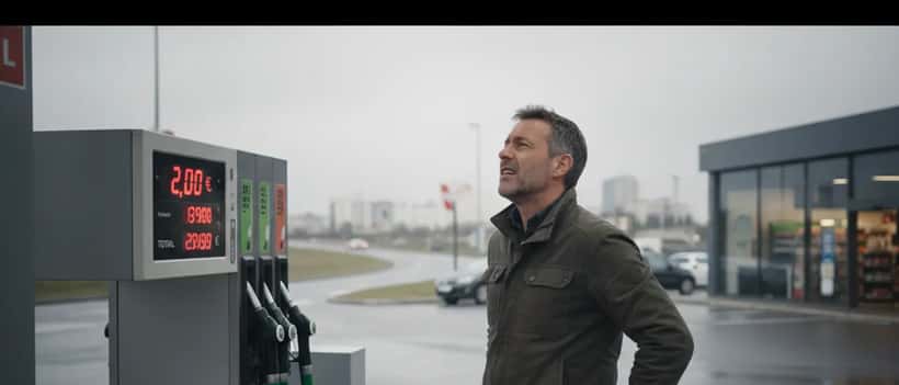 Conducteur français frustré devant une pompe à essence affichant 2 euros le litre en mars 2026