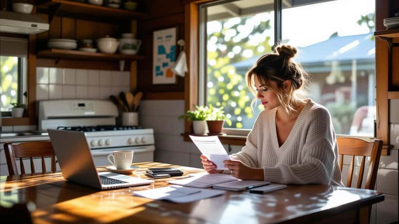 Woman at a Ballina kitchen table reviewing a lottery ticket and financial questions
