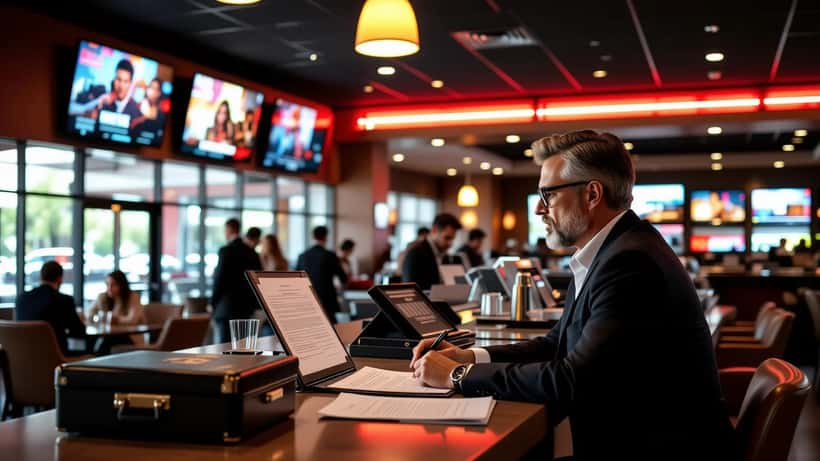 Cinema owner reviewing a film distribution contract at a multiplex lobby with legal documents