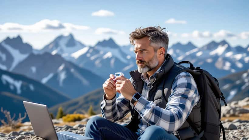 Hombre revisando su oxímetro de pulso en una montaña a gran altitud con picos nevados de fondo