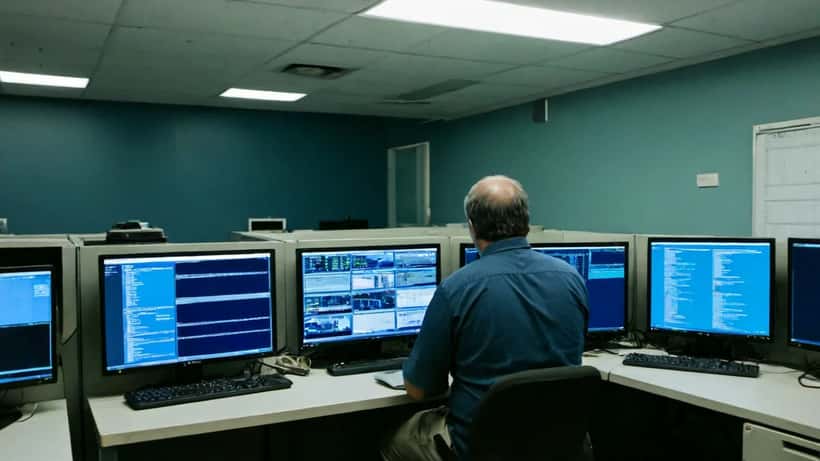 IT specialist reviewing Windows security update alerts on multiple screens in an Australian business server room