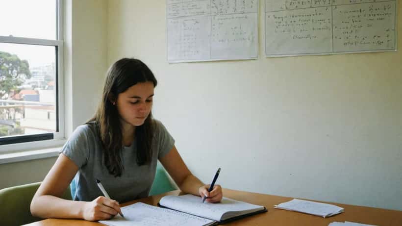 Young woman studying analytical thinking exercises and logic puzzles at a desk