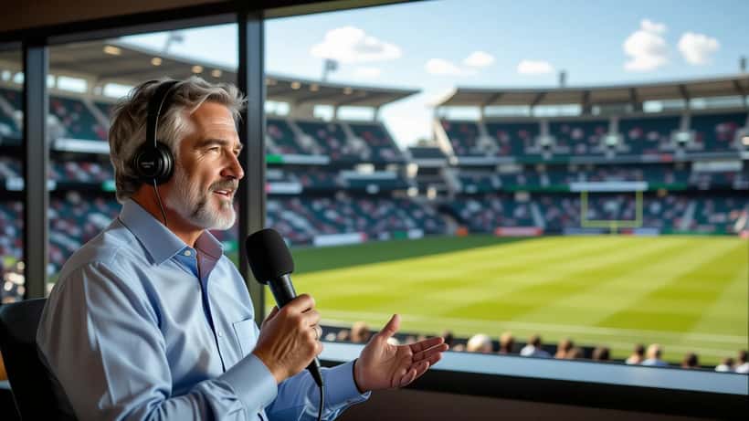 Sports commentator speaking into microphone in broadcast booth with AFL stadium visible