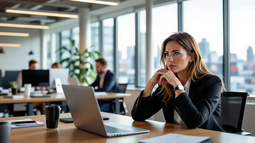 Anxious office worker resting head on hand at a desk, struggling with self-doubt in a Toronto open-plan office