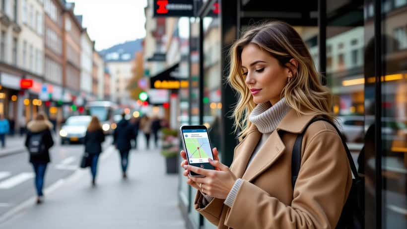 Norsk businesskvinne bruker smarttelefon med Google Maps AI-navigasjon på Oslo-gate