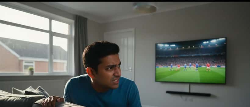 British football fan gripping the sofa in tension during an intense match on TV at home