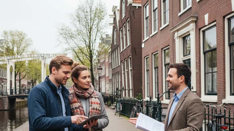 Stel in Amsterdam bekijkt een huis te koop met een makelaar, Nederlandse woningmarkt 2026