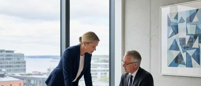 Svensk kvinna i konsultation med en advokat vid ett modernt skrivbord med dokument och laptop