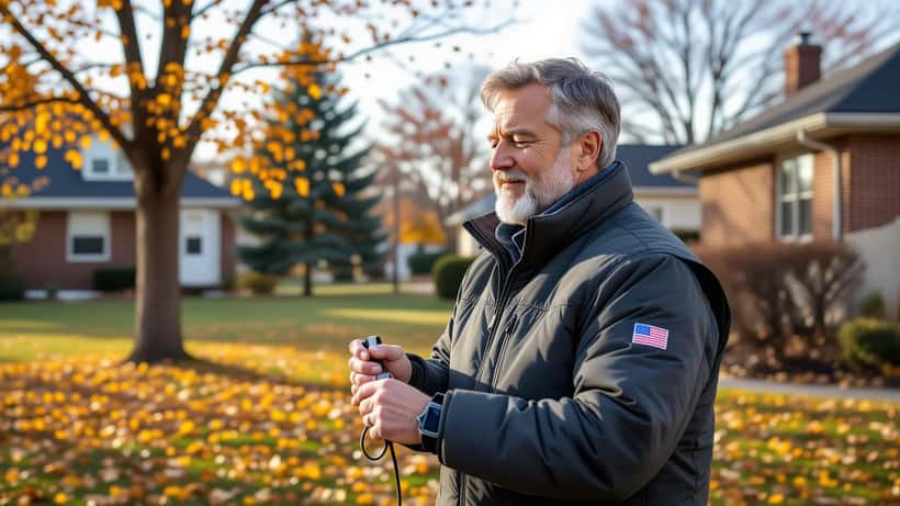 Man checking blood pressure monitor outdoors in cold fall weather with autumn leaves in background