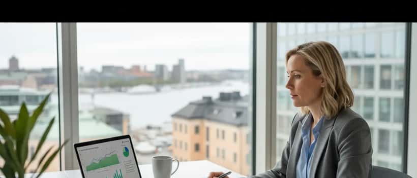 Svensk yrkeskvinna granskar anställningsavtal med klimatdiagram på datorskärm i Stockholmskontor
