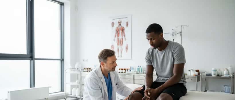 Sportmediziner untersucht das Knie eines Basketballspielers in einer hellen Klinik