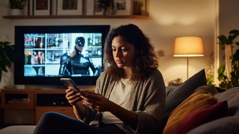 Woman reviewing streaming privacy settings on smartphone in living room with TV showing superhero film