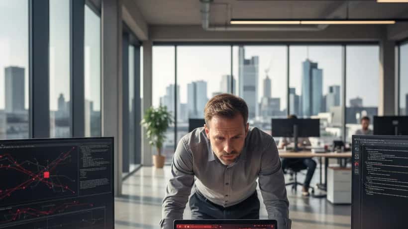 IT-Fachmann prüft Sicherheitswarnungen auf Laptop in Büro in Frankfurt