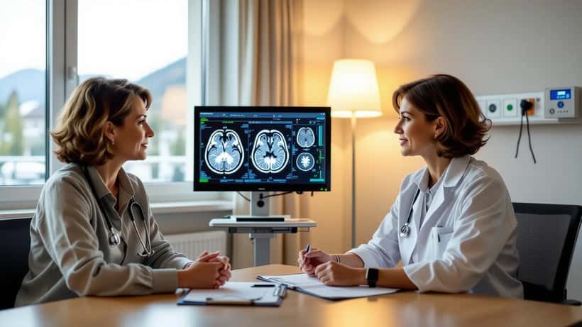 Patiente en consultation neurologique avec une médecin, scans IRM affichés en arrière-plan dans un hôpital suisse