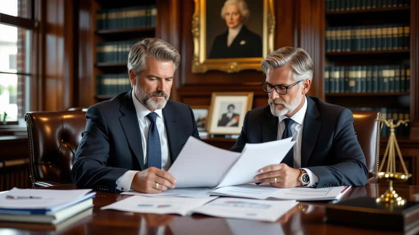 Formuessrådgiver gjennomgår arvepapirer og aksjonæravtale på et norsk advokatkontor