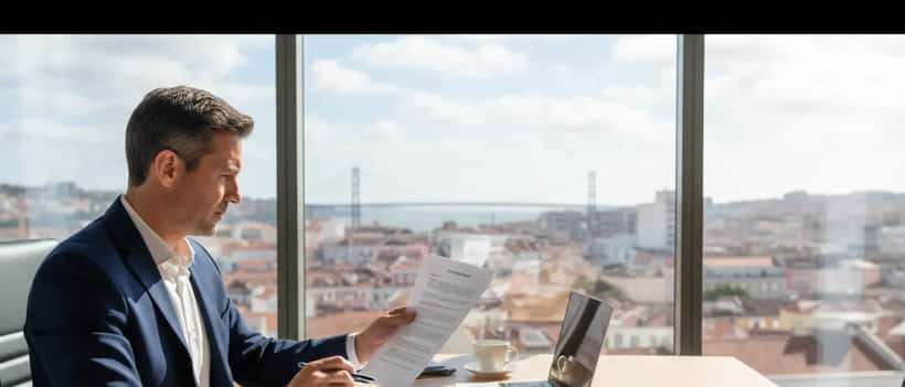 Advogado português revê contratos comerciais em escritório moderno