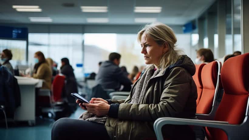 Norsk pasient sitter i sykehus ventesal og sjekker telefon