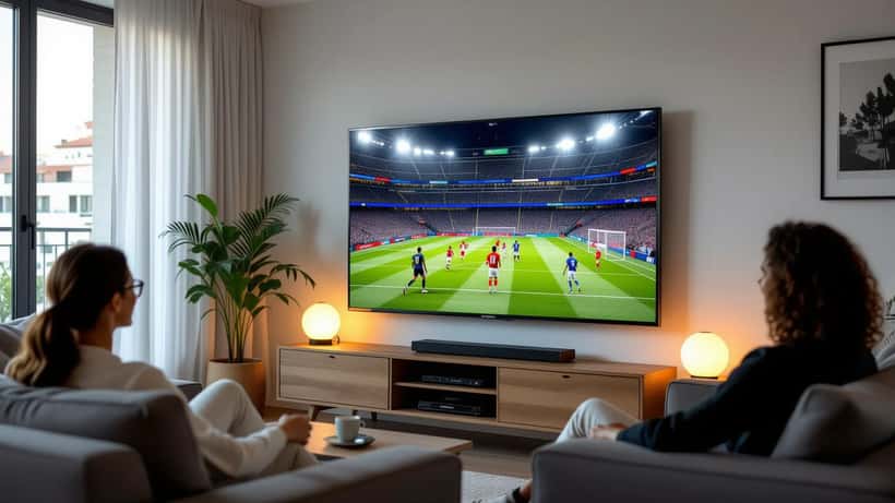 Sala de estar portuguesa com televisor grande a transmitir um jogo de futebol ao entardecer
