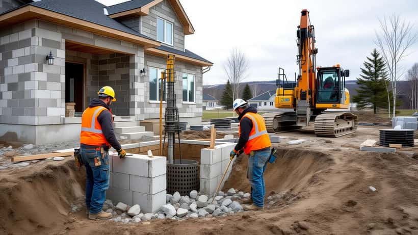 Workers inspect fractured Canadian Shield bedrock beside a new concrete house foundation at a rural Quebec construction site