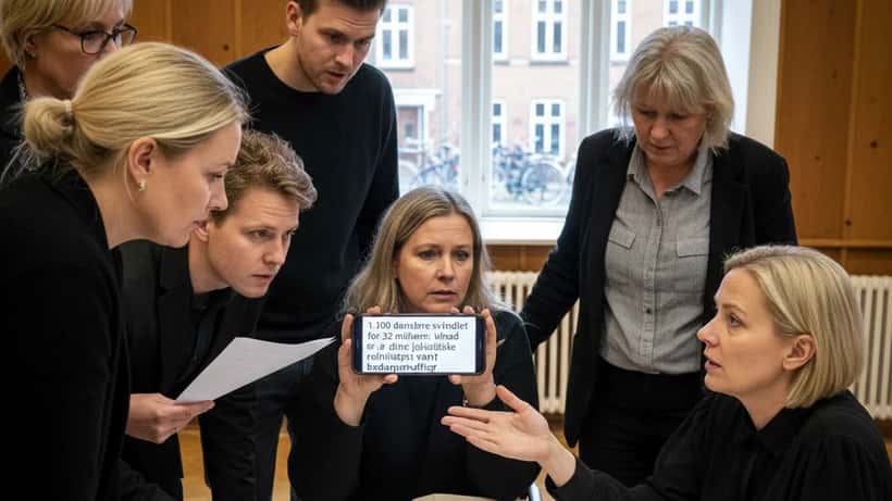 Ældre dansk kvinde ser bekymret på sin smartphone med en mistænkelig besked fra angiveligt politiet