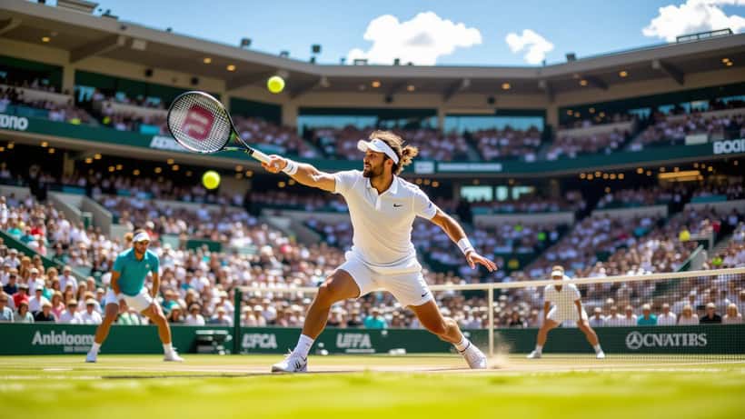 Alejandro Davidovich Fokina serving on a sunlit grass tennis court during the 2026 season