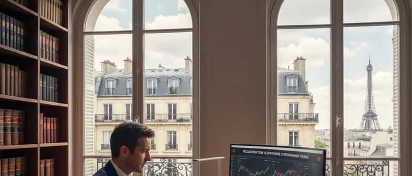 Avocat français examine la réglementation des plateformes de cryptomonnaies sur ordinateur dans bureau parisien