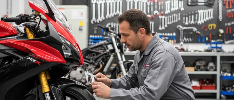 Meccanico italiano in tuta grigia che ispeziona il disco freno di una moto sportiva in un'officina