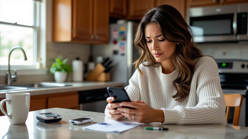 Mujer latina revisando ChatGPT Health en su teléfono junto a un glucómetro en cocina de Houston 2026