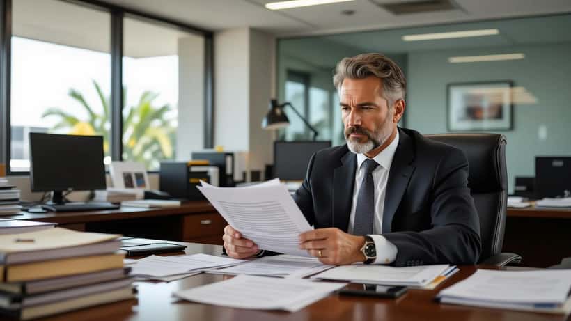 Attorney reviewing wrongful death documents and rehabilitation facility intake forms at a law office desk in Los Angeles